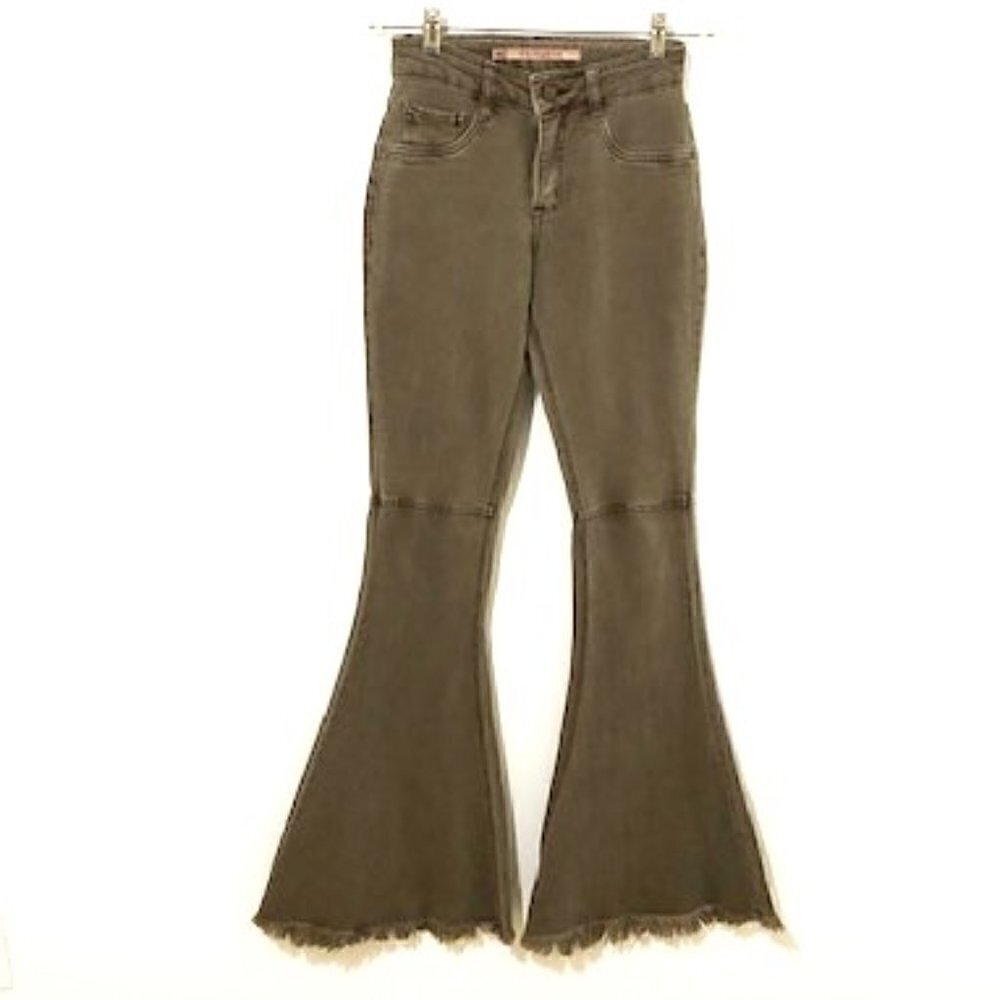 Vulcanica Tan Brazilian Wide Flare Jeans with Bottom Fringe